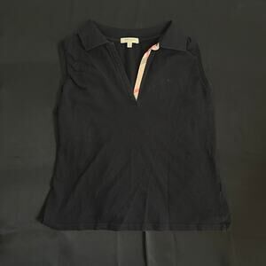 Burberry London Polo Shirt Women’s XL Black Nova Check Collar Made in Turkey